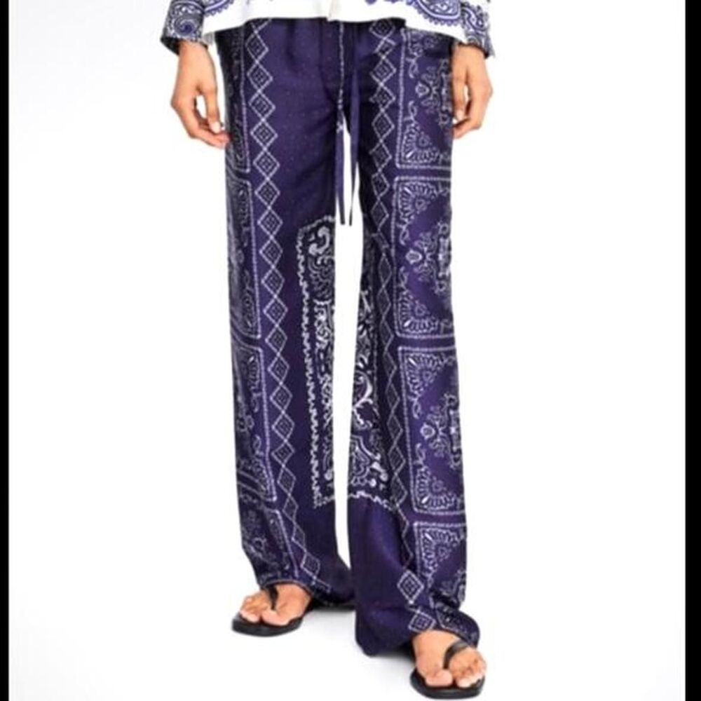 Zara Navy Blue Paisley Bandana Print Flowy Satin Trousers XS NWOT